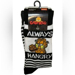 Garfield Crew Socks 2 Pair Men 6.5-12 Black White Gray Hangry Hamburger Cat NEW!